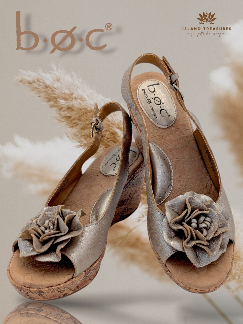 b.o.c. Size 7 Women's Pewter Genuine Leather Slingback Cork Rosette Wedge Sandal